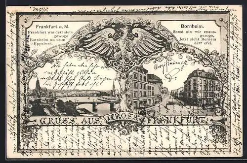 AK Frankfurt-Bornheim, Strassenansicht in Bornheim & Stadt-Panorama mit Main