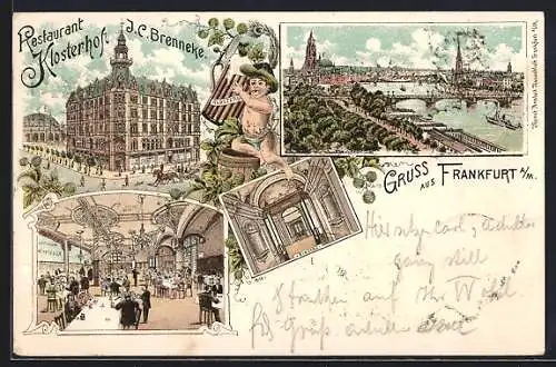 Lithographie Frankfurt a. M., Restaurant Klosterhof v. J. C. Brenneke und Teilansicht
