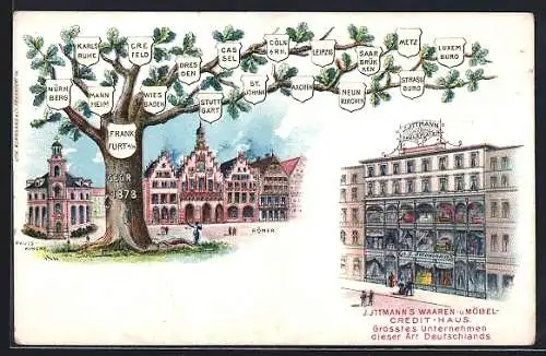 Lithographie Frankfurt / Main, J. Ittmanns Waaren - u. Möbel-Credit-Haus, Strassenpartie mit Zweigstellen-Schilderbaum