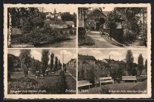 AK Triebes, Teichmühle & Kirche, Gasthaus Schützenhaus, Anlage der Fritz-Wächtler-Strasse