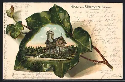 Passepartout-Lithographie Koblenz, Gasthaus Rittersturz, Efeu