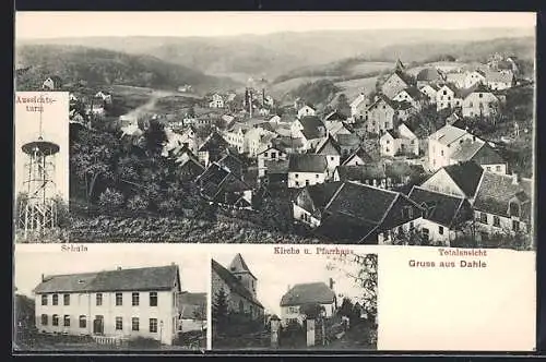 AK Dahle / Sauerland, Schule, Aussichtsturm, Kirche und Pfarrhaus, Totalansicht