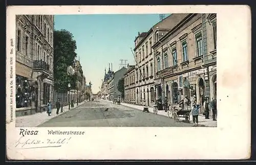 AK Riesa, Geschäft von A. Albrecht in der Wettinerstrasse