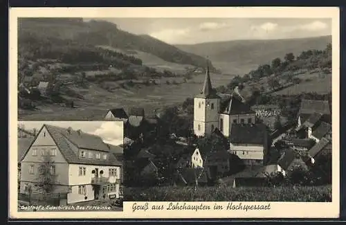 AK Lohrhaupten /Spessart, Gasthof zum Edelhirsch, Bes. Fr. Heinke, Ortsansicht aus der Vogelschau