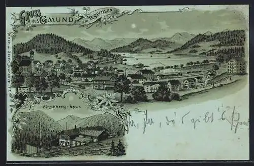 Mondschein-Lithographie Gmund am Tegernsee, Gasthaus Hirschberg-Haus, Ortspanorama mit See