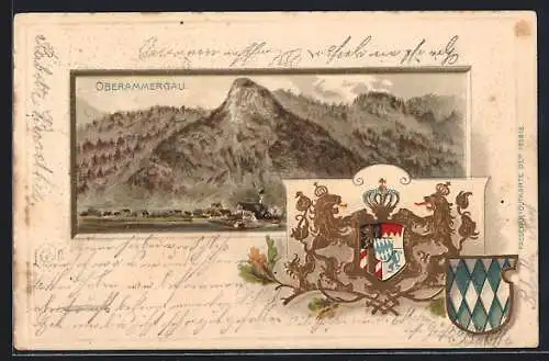 Passepartout-Lithographie Oberammergau, Ortsansicht gegen das Gebirge, Wappen