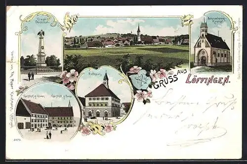 Lithographie Löffingen, Gasthaus zum Löwen, Kriegerdenkmal, Rathaus, Schneekreuzkirche