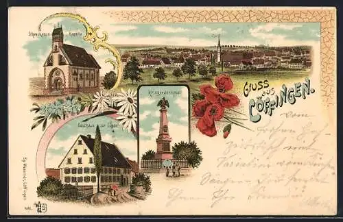 Lithographie Löffingen, Totalansicht, Schneekreuz-Kapelle, Gasthaus zur Linde, Kriegerdenkmal