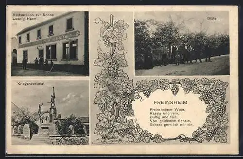 AK Freinsheim, Restaurant zur Sonne, Bes. Ludwig Harm, Kriegerdenkmal, Blüte