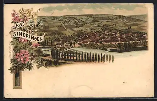Lithographie Sindringen, Gesamtansicht über den Fluss