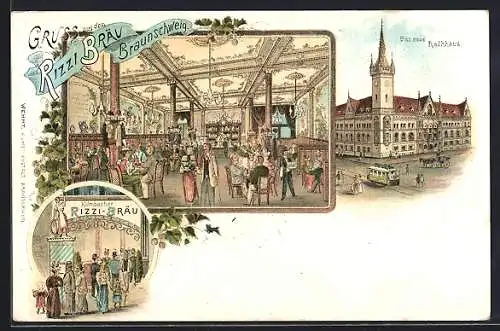 Lithographie Braunschweig, Das Gasthaus Rizzi Bräu, Innenansicht, das neue Rathaus