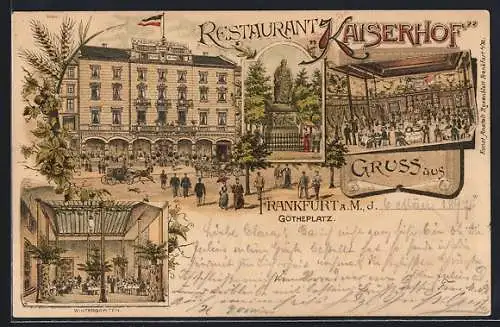 Lithographie Frankfurt a. M., Restaurant Kaiserhof mit Innenansichten, Goethedenkmal