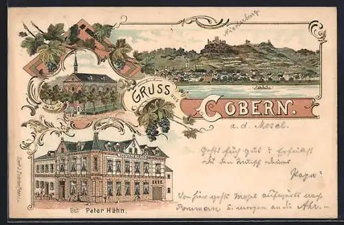 Lithographie Cobern, Gasthaus Peter Hähn, Kirche, Ortsansicht