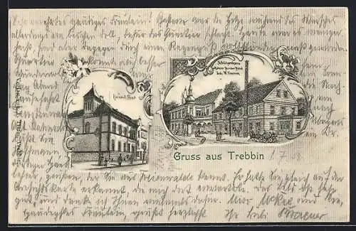 Lithographie Trebbin, Schützenhaus und Radfahrer-Bundes-Hotel v. W. Fromm, Kaiserl. Post