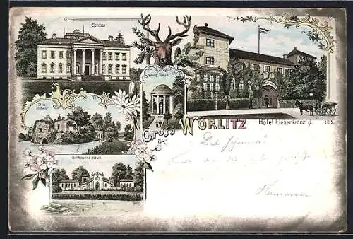 Lithographie Wörlitz, Hotel Eichenkranz, Schloss, Gothisches Haus