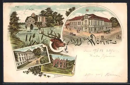 Lithographie Wörlitz, Hotel grüner Baum, Der Stein, Schloss, Geweih