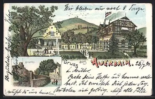 Lithographie Auerbach / Hessen, Hotel Krone, Schloss