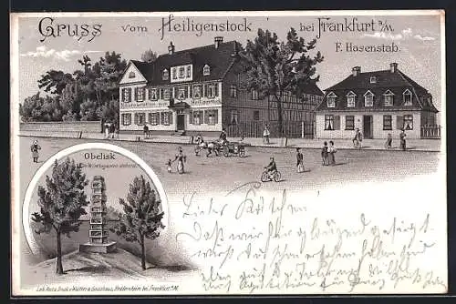 Lithographie Frankfurt-Seckbach, Restaurant Zum Heiligenstock, Gasthaus F. Hasenstab, Statue von Obelisk