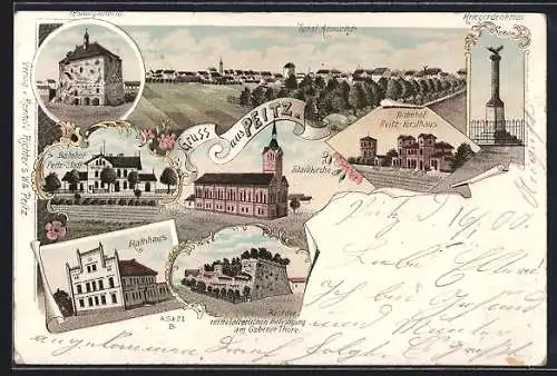 Lithographie Peitz, Bahnhof Peitz-Forsthaus, Rathaus, Festung am Gubener Thore, Stadtkirche, Kriegerdenkmal