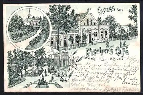 Lithographie Gröpelingen b. Bremen, Fischer`s Café mit Garten und Anlagen