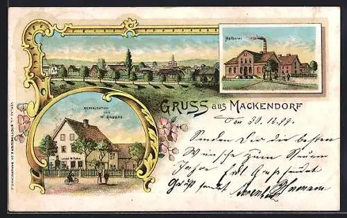 Lithographie Mackendorf, Restaurant von W. Rappas, Molkerei und Totalansicht