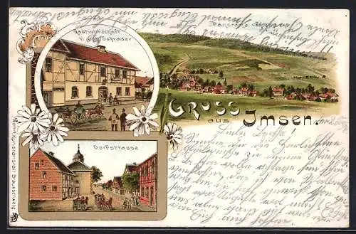 Lithographie Imsen, Gasthaus von Joh. Schrader, Dorfstrasse und Totalansicht