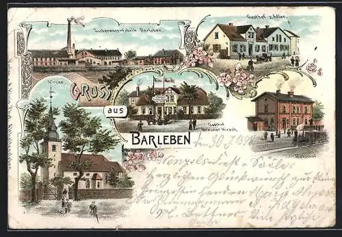 Lithographie Barleben, Gasthof brauner Hirsch, Gasthof zum Adler, Bahnhof, Zuckerwarenfabrik und Kirche