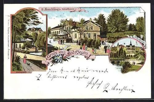 Lithographie Bad Liegau, G. Brechling`s Gasthaus, Schweizer Haus, Villa Klinge