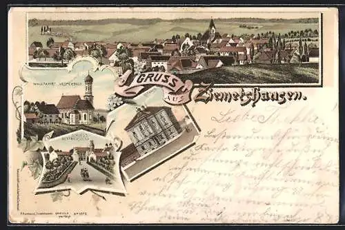 Lithographie Ziemetshausen, Schloss Seyfriedberg, Wallfahrt Vesperbild, Rathaus und Totalansicht