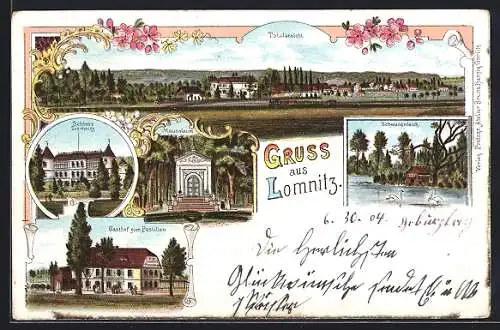 Lithographie Lomnitz, Gasthof zum Postillon, Schloss, Mausoleum und Schwanenteich