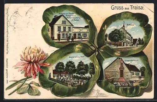 Passepartout-Lithographie Traisa, Gasthaus zur Traube von J. Walter, Rathaus und Kriegerdenkmal im Kleeblatt