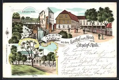 Lithographie Ottendorf-Okrilla, Gasthof zum Hirsch mit Garten, Blick auf die Mühle