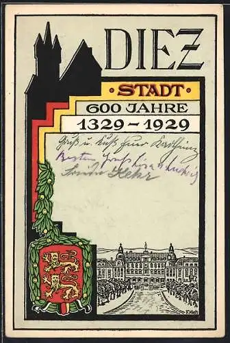 Künstler-AK Diez, 600. Stadtjubiläum 1929, Schloss im Wappenpassepartout