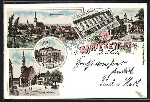 Lithographie Wriezen, Oscar Welz` Import & Export feiner Spirituosen und Fruchtsäfte, Post, Taubstummen-Anstalt