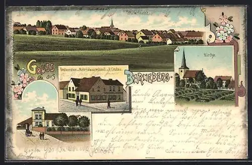 Lithographie Barneberg, Restaurant & Materialwarenhandlung H. Lindau, Kirche, Ortsansicht