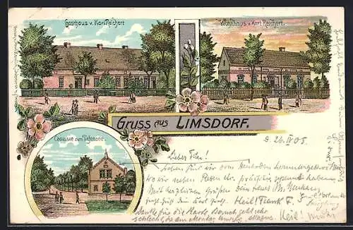 Lithographie Limsdorf, Gasthaus und Wohnhaus v. Karl Reichert, Chaussee zum Tiefensee