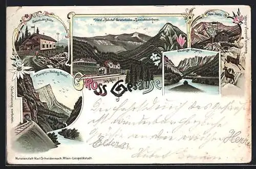 Lithographie Gesäuse, Hotel u. Bahnhof, Hess Hütte