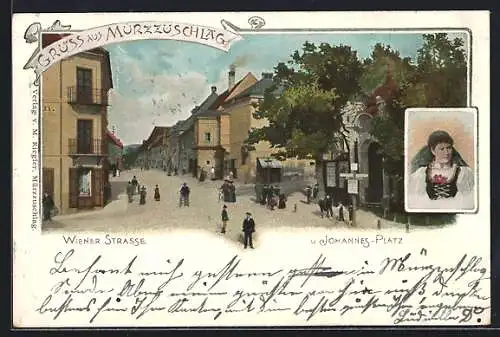 Lithographie Mürzzuschlag, Blick auf die Wiener Strasse und Johannes-Platz