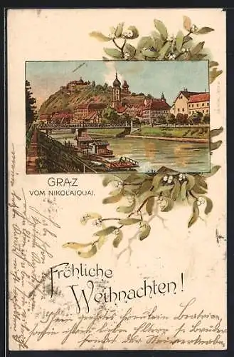 Lithographie Graz, Ansicht vom Nicolaiquai aus mit Misteln