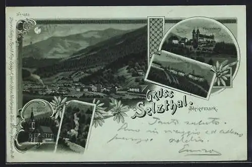 Mondschein-Lithographie Selzthal /Steiermark, Frauenburg, Schloss Strechau, Kirche, Klamm, Ortsansicht