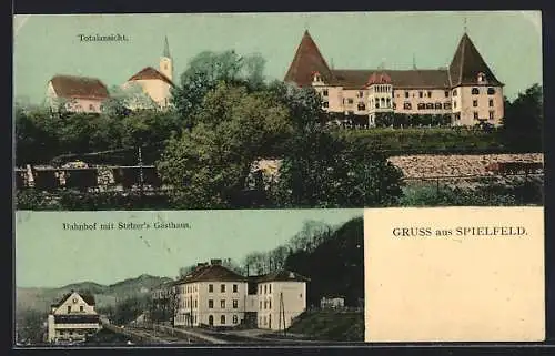 AK Spielfeld, Totalansicht, Bahnhof mit Stelzers Gasthaus