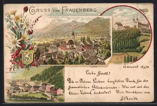 Vorläufer-Lithographie Frauenberg, 1893, Ortsansicht, Ansichten von Liezen und Selzthal