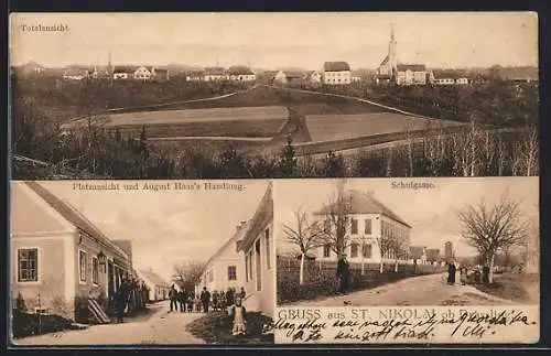 AK St. Nikolai ob Drassling, Platzpartie mit August Haas` Handlung, Schulgasse, Gesamtansicht