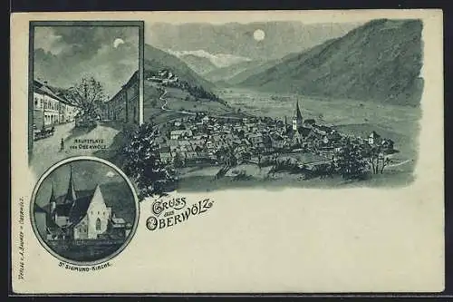 Mondschein-Lithographie Oberwölz, St. Sigmund-Kirche, Hauptplatz, Gesamtansicht