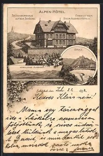 Lithographie Schöckel bei Graz, Das Stubenberghaus Alpen-Hotel des Steir. Gebirgs-Vereins, Ansicht Graz