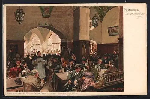 Künstler-Lithographie Paul Hey: München, Saal im Gasthof Hofbräuhaus