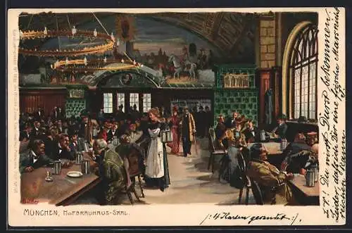 Künstler-Lithographie P. Hey: München, Gasthof Hofbräuhaus, Blick in den gut besuchten Saal