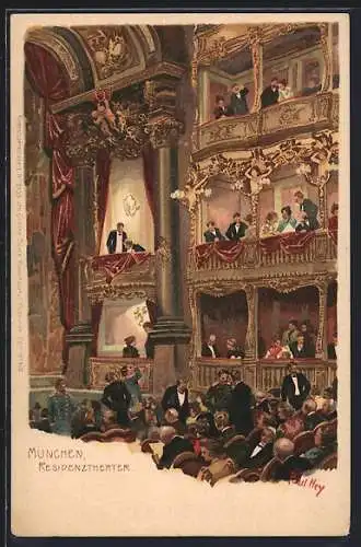 Künstler-Lithographie Paul Hey: München, Besucher im Residenztheater