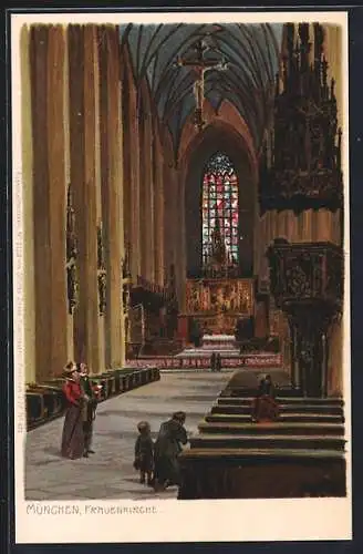 Künstler-Lithographie Paul Hey: München, Innenansicht der Frauenkirche