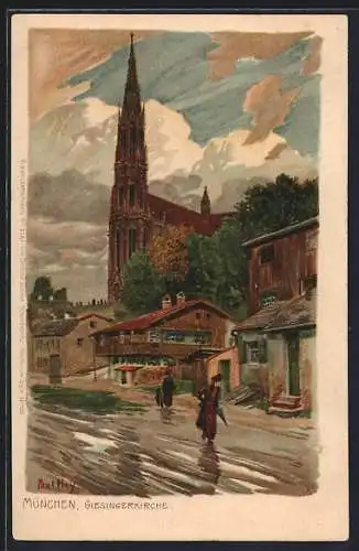 Künstler-Lithographie Paul Hey: München, Blick auf die Giesingerkirche